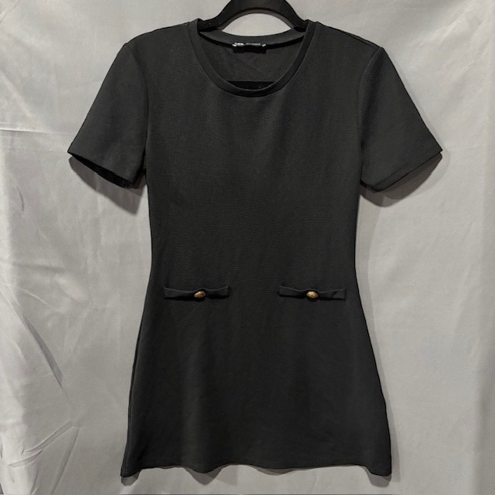 Zara Mini Dress Black Short Sleeve Pockets A Line Career Casual